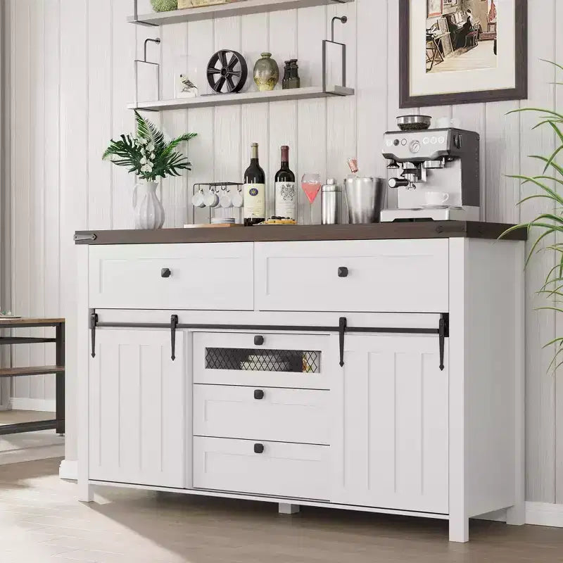 Farmhouse 5-Drawer Dresser with Sliding Barn Doors, Rustic TV Stand, White