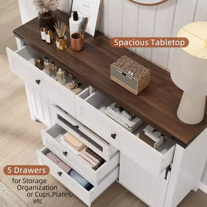 Farmhouse 5-Drawer Dresser with Sliding Barn Doors, Rustic TV Stand, White