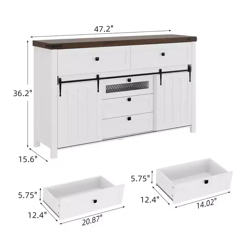 Farmhouse 5-Drawer Dresser with Sliding Barn Doors, Rustic TV Stand, White