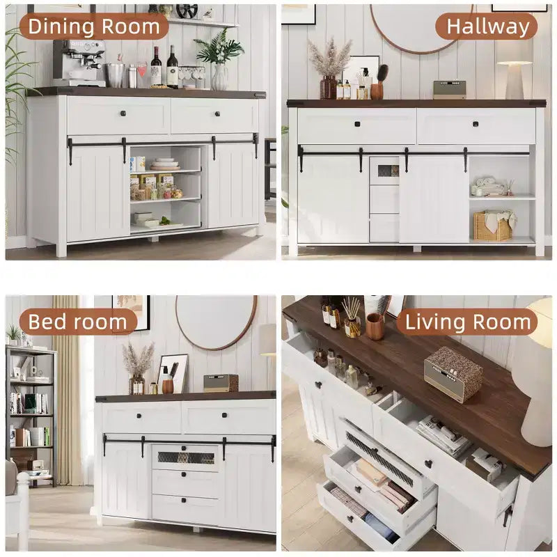 Farmhouse 5-Drawer Dresser with Sliding Barn Doors, Rustic TV Stand, White