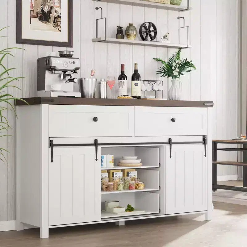 Farmhouse 5-Drawer Dresser with Sliding Barn Doors, Rustic TV Stand, White