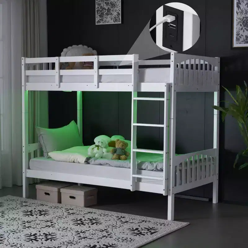 White Twin Over Twin Bunk Bed with LED Lights and USB Charging Station