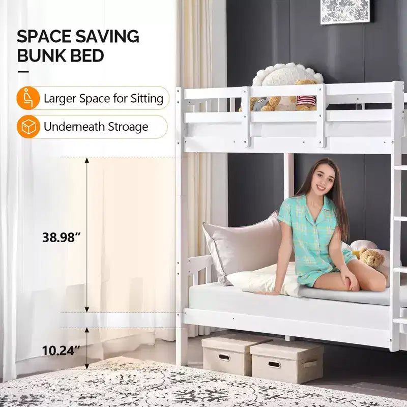 White Twin Over Twin Bunk Bed with LED Lights and USB Charging Station