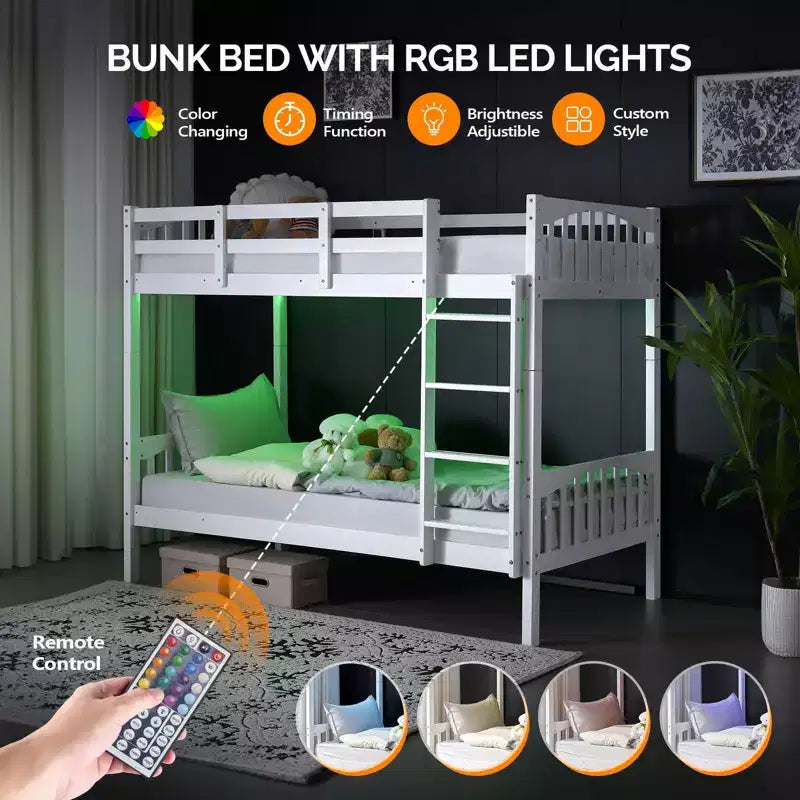 White Twin Over Twin Bunk Bed with LED Lights and USB Charging Station