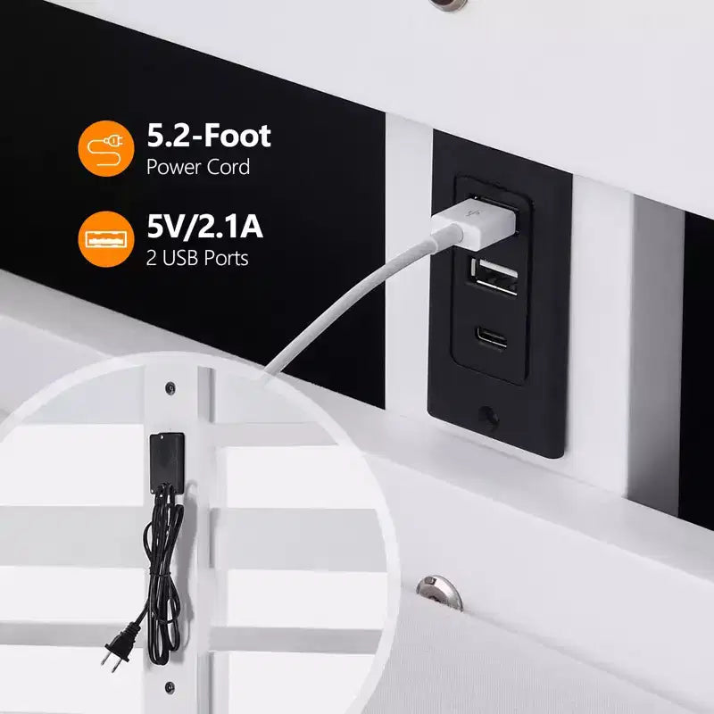 White Twin Over Twin Bunk Bed with LED Lights and USB Charging Station