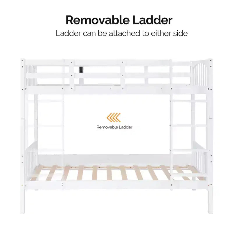 White Twin Over Twin Bunk Bed with LED Lights and USB Charging Station