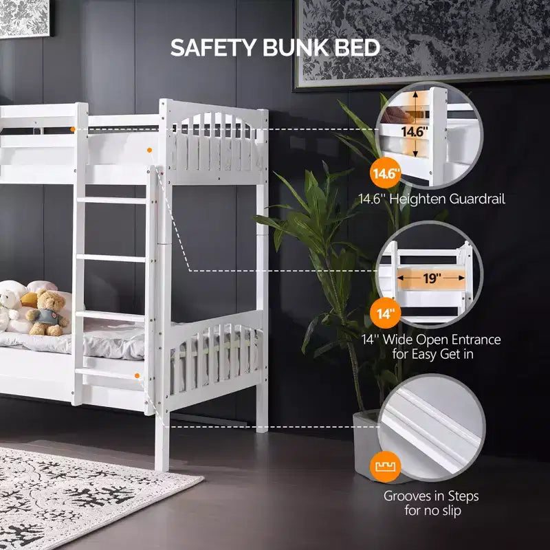 White Twin Over Twin Bunk Bed with LED Lights and USB Charging Station