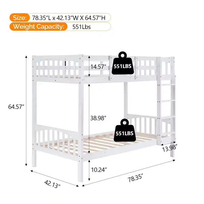 White Twin Over Twin Bunk Bed with LED Lights and USB Charging Station