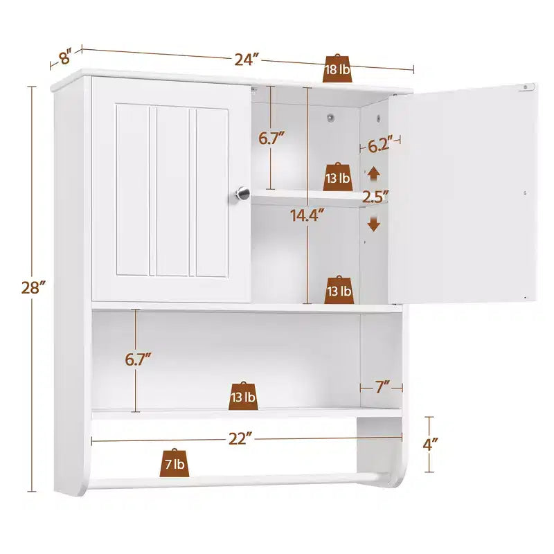 Bathroom Wall Cabinet with Towel Bar, Double Doors and Adjustable Shelf, White