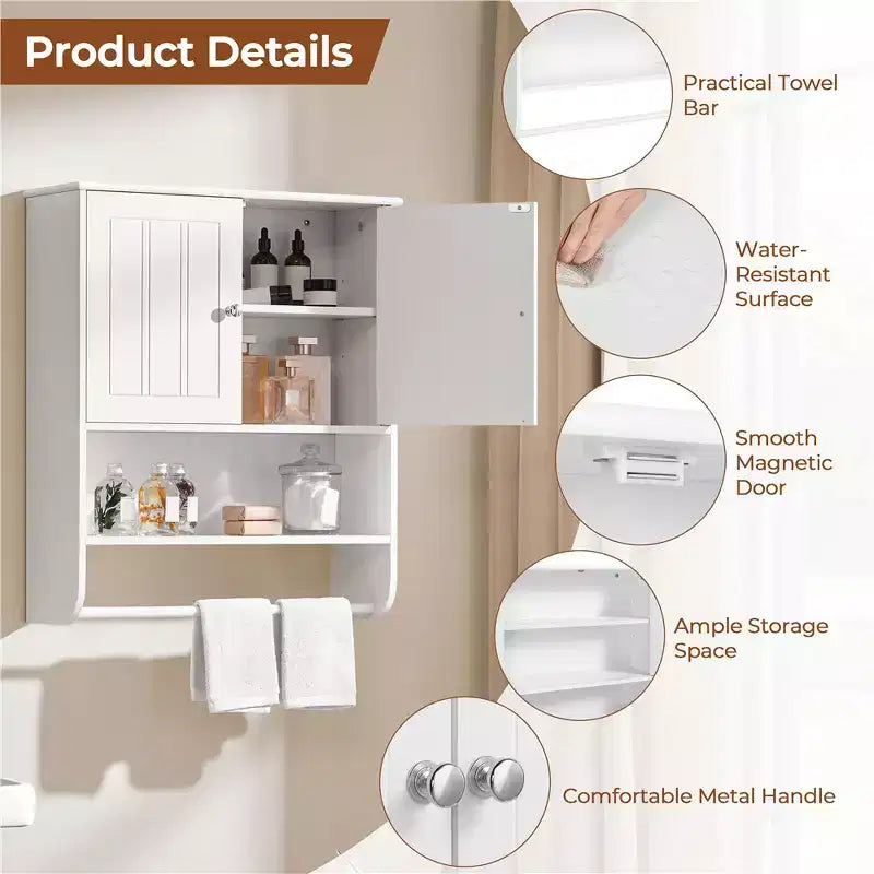 Bathroom Wall Cabinet with Towel Bar, Double Doors and Adjustable Shelf, White