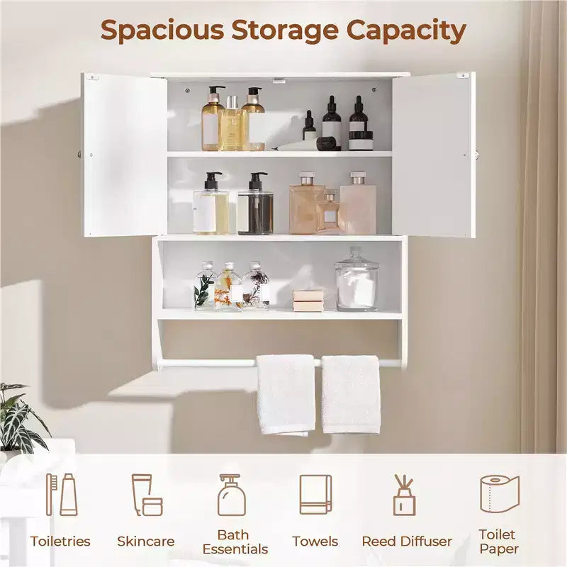 Bathroom Wall Cabinet with Towel Bar, Double Doors and Adjustable Shelf, White