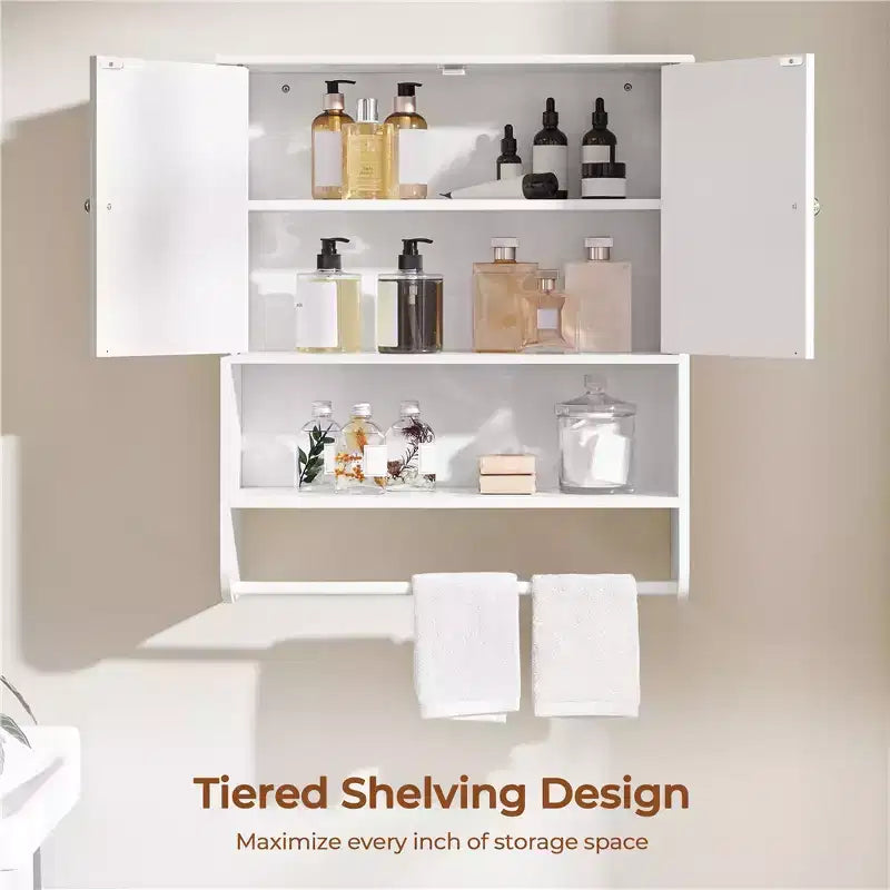 Bathroom Wall Cabinet with Towel Bar, Double Doors and Adjustable Shelf, White