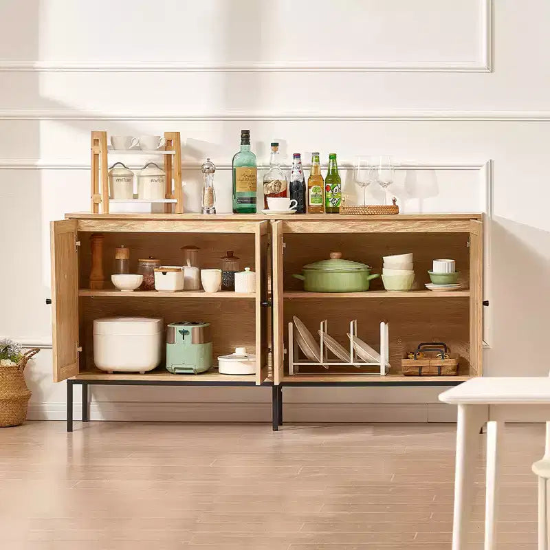 Rattan Storage Cabinet with 4 Magnetic Doors and Adjustable Shelves, Sideboard Buffet for Hallway or Entryway, Natural