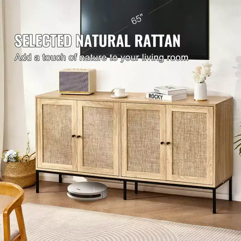 Rattan Storage Cabinet with 4 Magnetic Doors and Adjustable Shelves, Sideboard Buffet for Hallway or Entryway, Natural