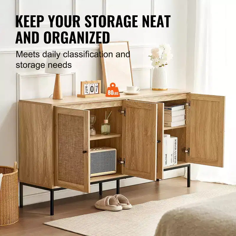Rattan Storage Cabinet with 4 Magnetic Doors and Adjustable Shelves, Sideboard Buffet for Hallway or Entryway, Natural