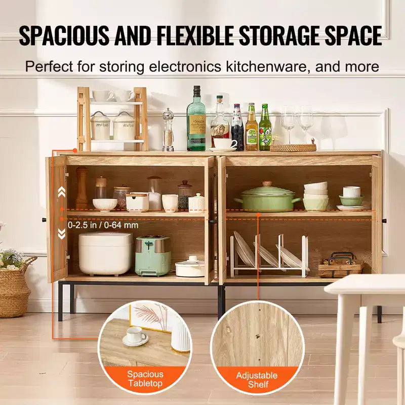 Rattan Storage Cabinet with 4 Magnetic Doors and Adjustable Shelves, Sideboard Buffet for Hallway or Entryway, Natural