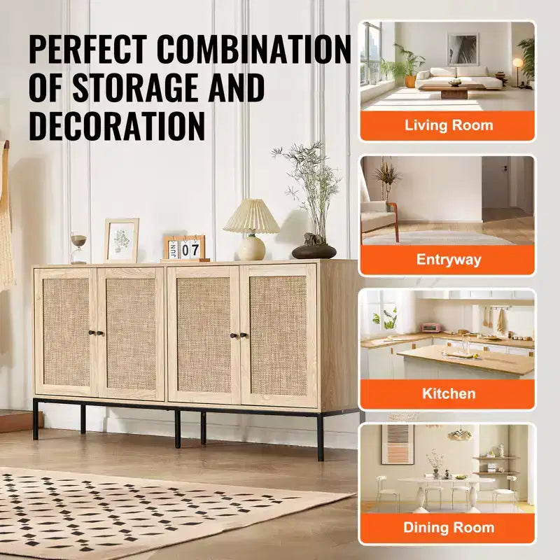Rattan Storage Cabinet with 4 Magnetic Doors and Adjustable Shelves, Sideboard Buffet for Hallway or Entryway, Natural
