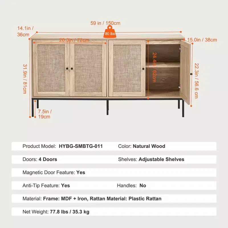 Rattan Storage Cabinet with 4 Magnetic Doors and Adjustable Shelves, Sideboard Buffet for Hallway or Entryway, Natural