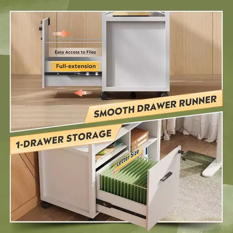 Lateral File Cabinet with Power Outlets, Locking Drawer and Rolling Casters, White