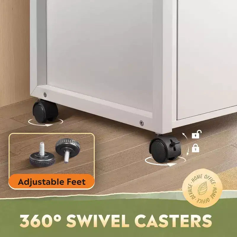 Lateral File Cabinet with Power Outlets, Locking Drawer and Rolling Casters, White