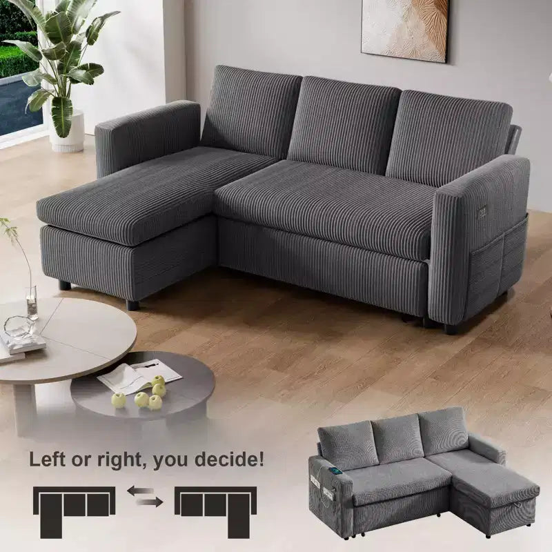 81-Inch L-Shaped Sofa Bed, Pull-Out Sleeper with Adjustable Backrest, Corduroy
