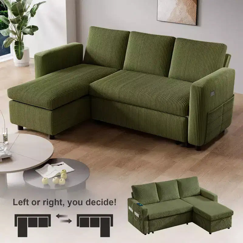 81-Inch L-Shaped Sofa Bed, Pull-Out Sleeper with Adjustable Backrest, Corduroy