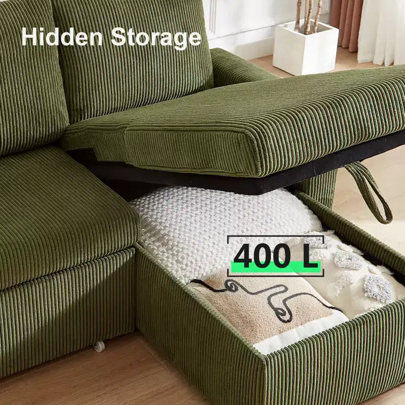 81-Inch L-Shaped Sofa Bed, Pull-Out Sleeper with Adjustable Backrest, Corduroy