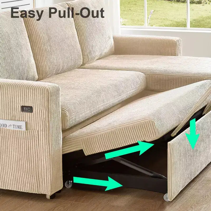81-Inch L-Shaped Sofa Bed, Pull-Out Sleeper with Adjustable Backrest, Corduroy
