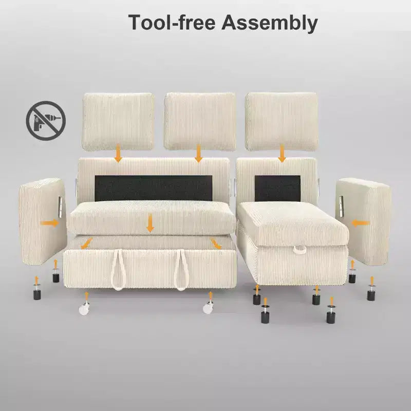 81-Inch L-Shaped Sofa Bed, Pull-Out Sleeper with Adjustable Backrest, Corduroy