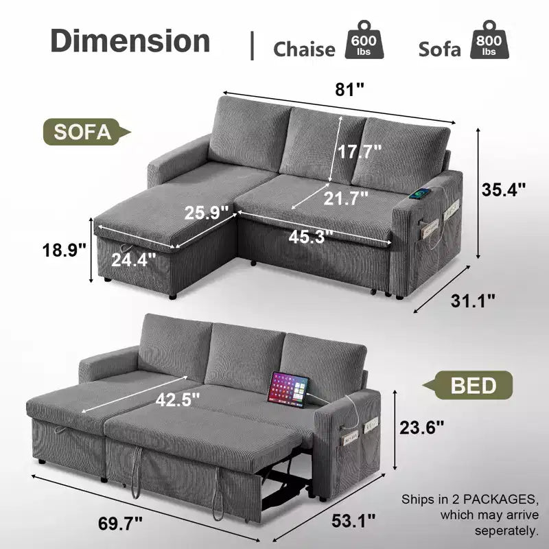 81-Inch L-Shaped Sofa Bed, Pull-Out Sleeper with Adjustable Backrest, Corduroy