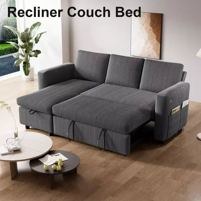 81-Inch L-Shaped Sofa Bed, Pull-Out Sleeper with Adjustable Backrest, Corduroy