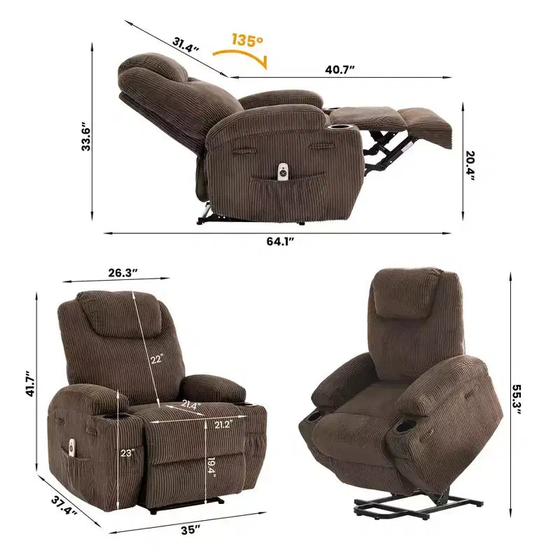 Corduroy Power Lift Recliner Chair with Massage and Heat, Oversized Fabric Reclining Sofa for Living Room
