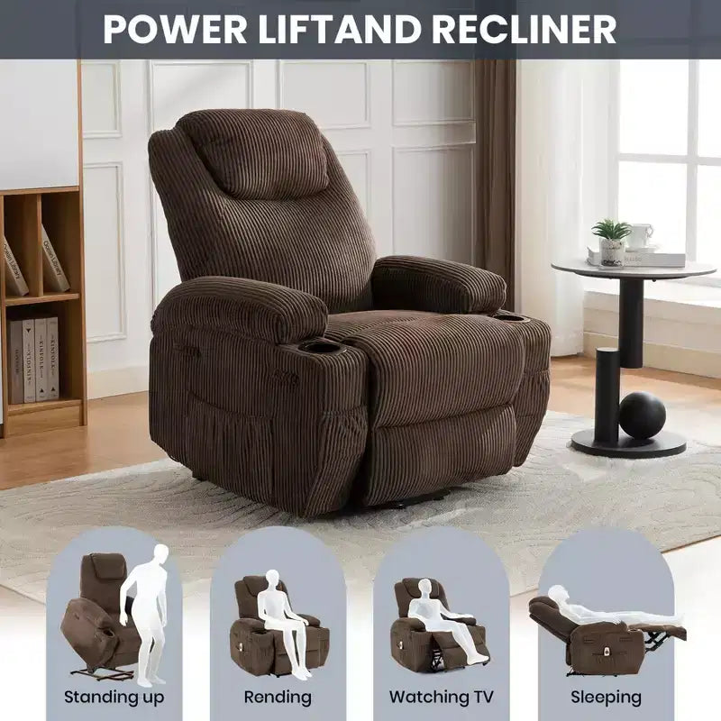 Corduroy Power Lift Recliner Chair with Massage and Heat, Oversized Fabric Reclining Sofa for Living Room