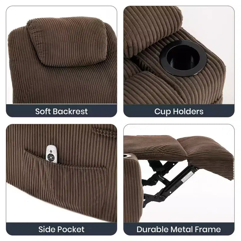 Corduroy Power Lift Recliner Chair with Massage and Heat, Oversized Fabric Reclining Sofa for Living Room