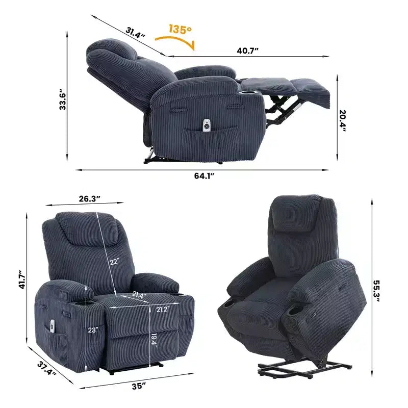 Corduroy Power Lift Recliner Chair with Massage and Heat, Oversized Fabric Reclining Sofa for Living Room