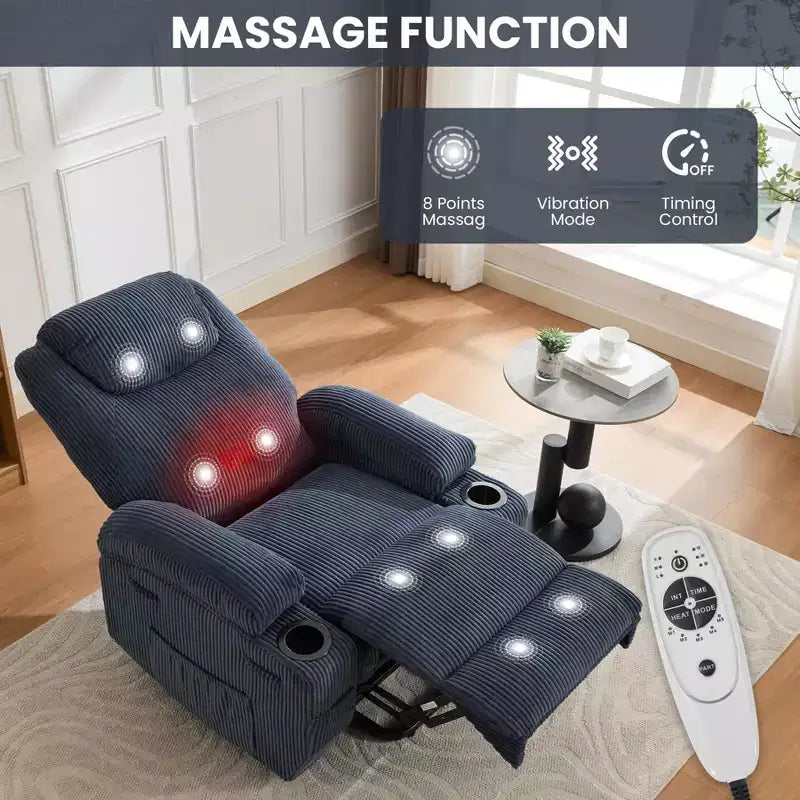 Corduroy Power Lift Recliner Chair with Massage and Heat, Oversized Fabric Reclining Sofa for Living Room