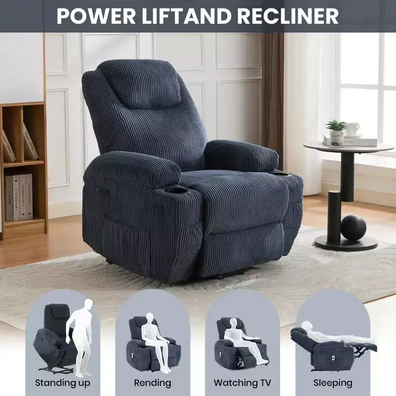 Corduroy Power Lift Recliner Chair with Massage and Heat, Oversized Fabric Reclining Sofa for Living Room