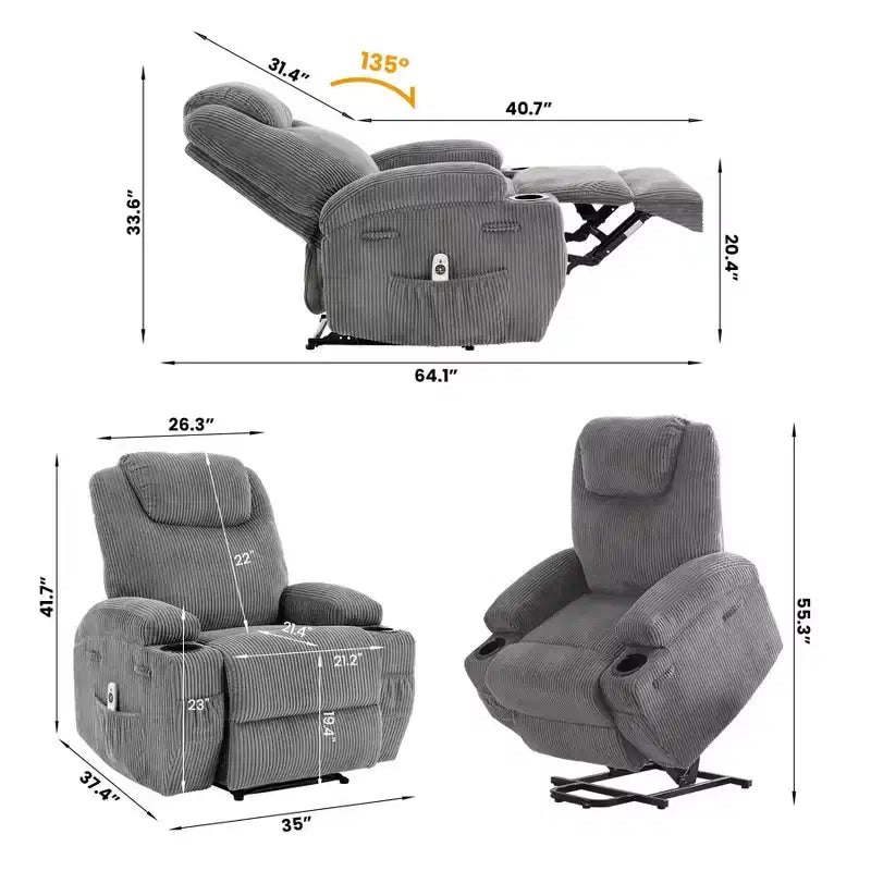 Corduroy Power Lift Recliner Chair with Massage and Heat, Oversized Fabric Reclining Sofa for Living Room