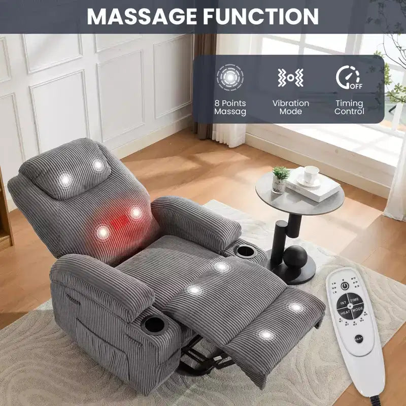 Corduroy Power Lift Recliner Chair with Massage and Heat, Oversized Fabric Reclining Sofa for Living Room