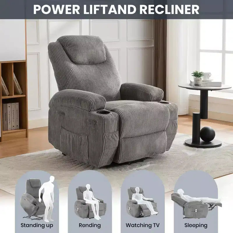 Corduroy Power Lift Recliner Chair with Massage and Heat, Oversized Fabric Reclining Sofa for Living Room