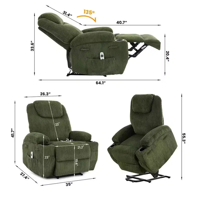 Corduroy Power Lift Recliner Chair with Massage and Heat, Oversized Fabric Reclining Sofa for Living Room