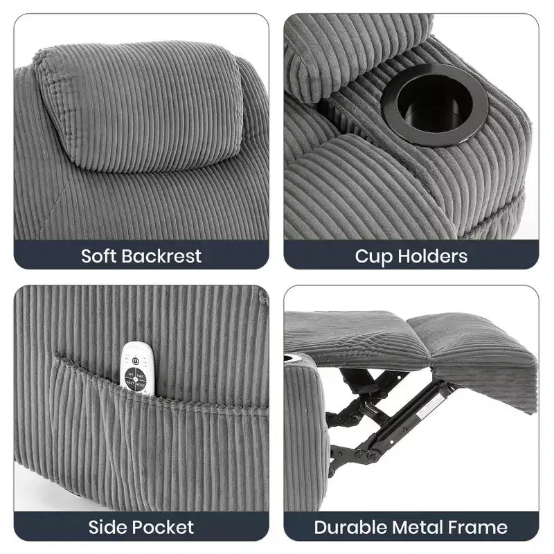 Corduroy Power Lift Recliner Chair with Massage and Heat, Oversized Fabric Reclining Sofa for Living Room