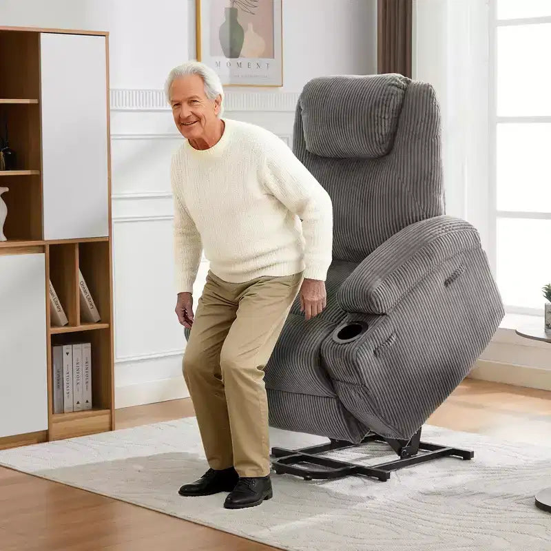 Corduroy Power Lift Recliner Chair with Massage and Heat, Oversized Fabric Reclining Sofa for Living Room
