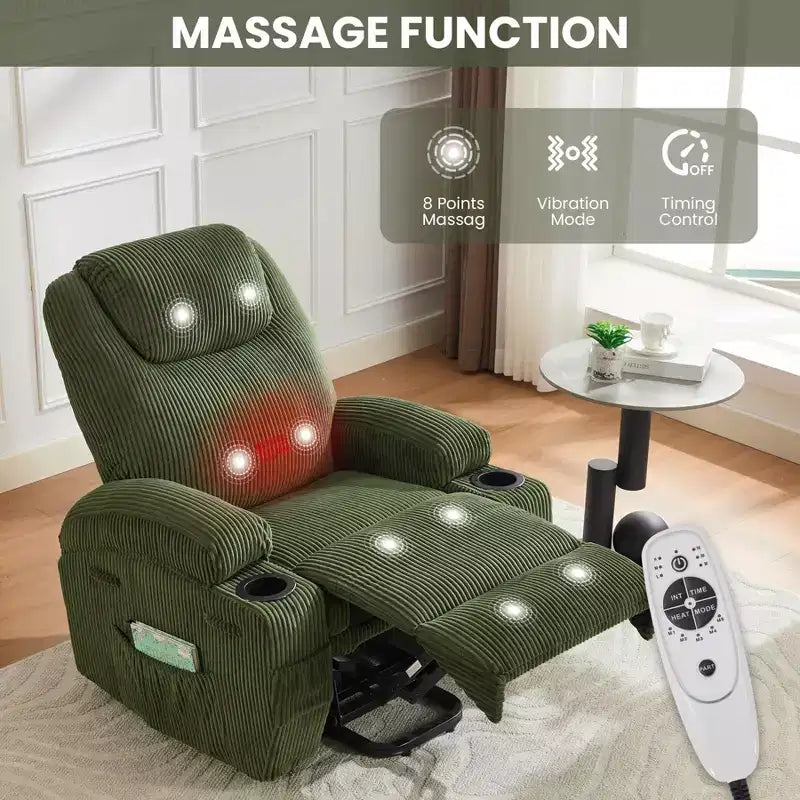 Corduroy Power Lift Recliner Chair with Massage and Heat, Oversized Fabric Reclining Sofa for Living Room