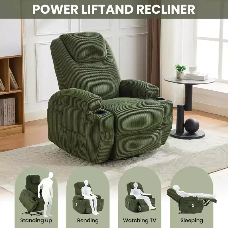 Corduroy Power Lift Recliner Chair with Massage and Heat, Oversized Fabric Reclining Sofa for Living Room