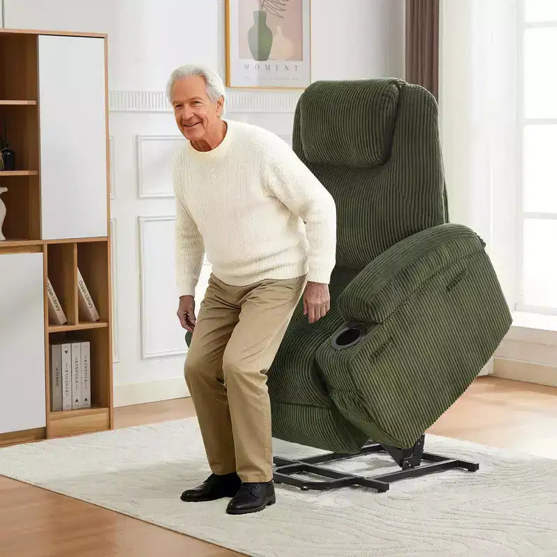 Corduroy Power Lift Recliner Chair with Massage and Heat, Oversized Fabric Reclining Sofa for Living Room