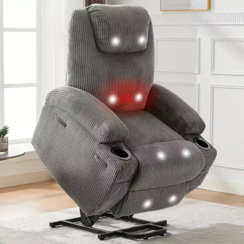 Corduroy Power Lift Recliner Chair with Massage and Heat, Oversized Fabric Reclining Sofa for Living Room