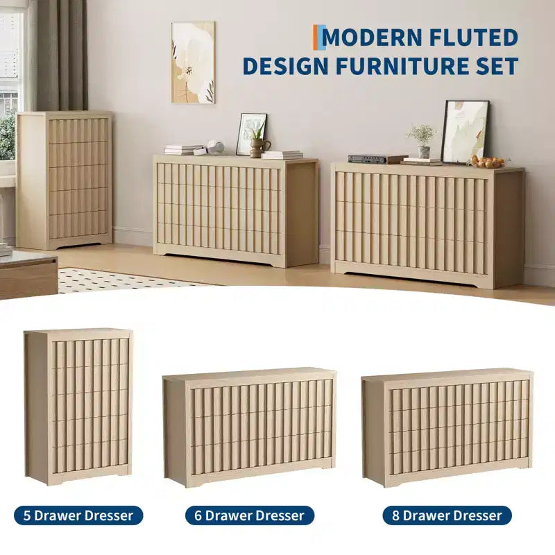 Modern Fluted Dresser with Drawers,Wooden Chest of Drawers with Handleless,Wood Clothes Closet Organizer with Deep Storage for Hallway, Living Room