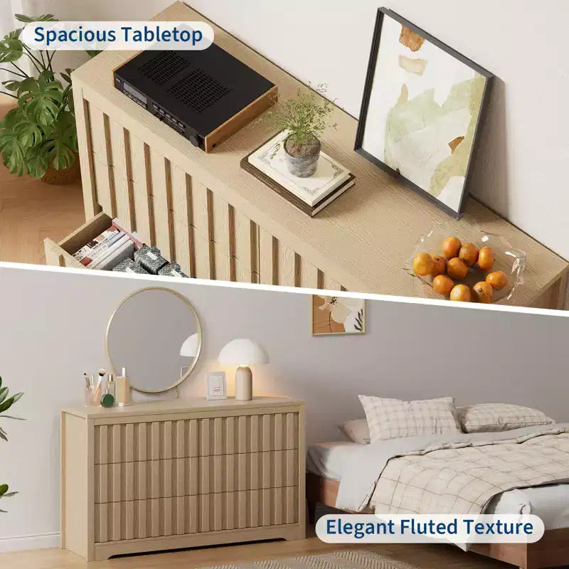 Modern Fluted Dresser with Drawers,Wooden Chest of Drawers with Handleless,Wood Clothes Closet Organizer with Deep Storage for Hallway, Living Room