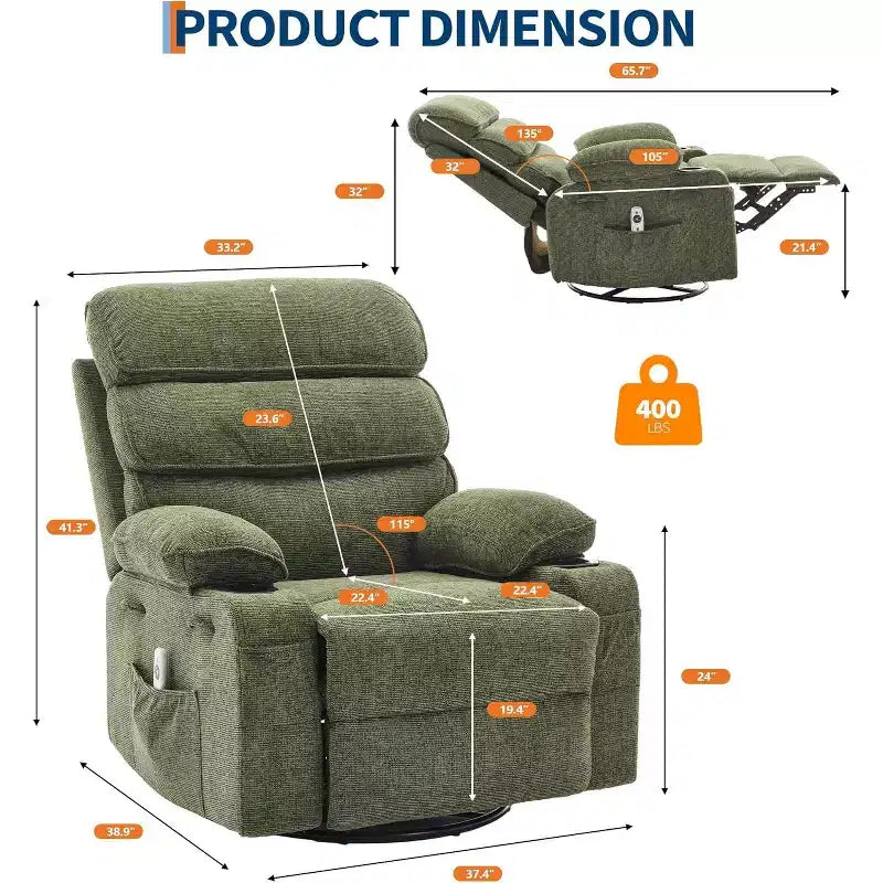 8-Point Massage & Heating Recliner Chair, 360 Swivel Glider Rocker with Side Pocket & Cup Holders, Supports 400LBS, Linen Fabric